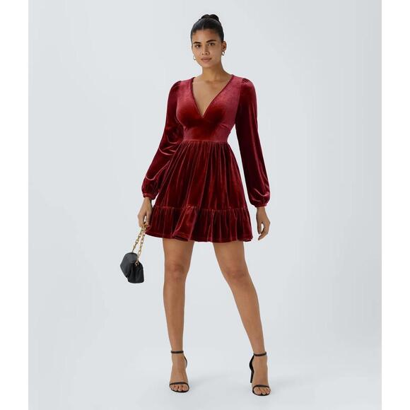 Halara Dresses & Skirts - NWT Halara Deep V Neck Long Sleeve Ruffle Hem Velvet Mini Chill Dress Sangria XS